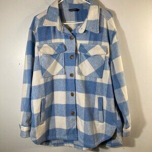 Womens Members Mark Plaid Shacket Blue White L Polyester Acrylic Wool Rayon Nylo